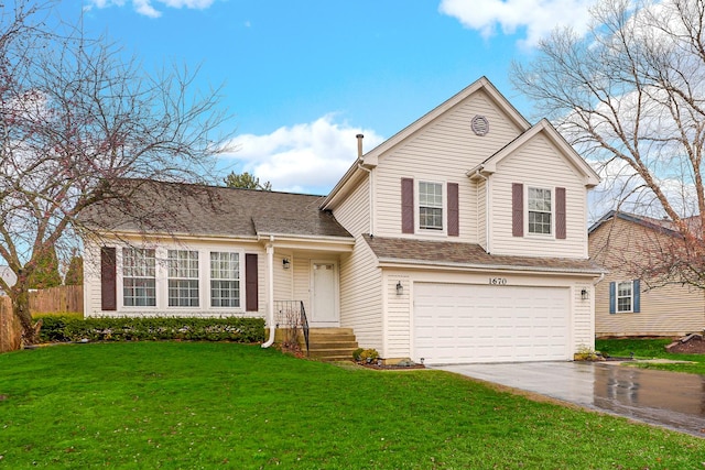 view of front of home featuring a shingled roof, an attached garage, driveway, and a front lawn