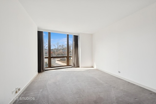 carpeted empty room featuring a wall of windows and baseboards