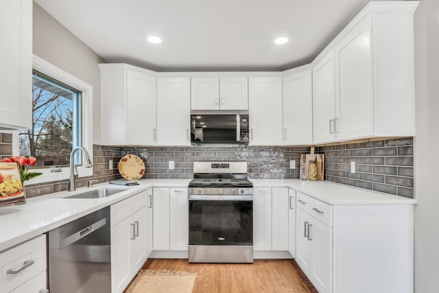 kitchen featuring stainless steel appliances, light wood finished floors, a sink, and light countertops