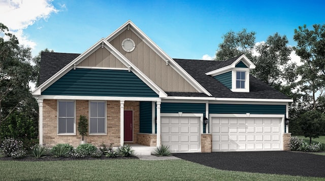 view of front facade featuring a garage, driveway, brick siding, and board and batten siding