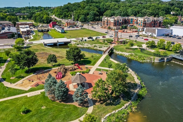 bird's eye view with a water view