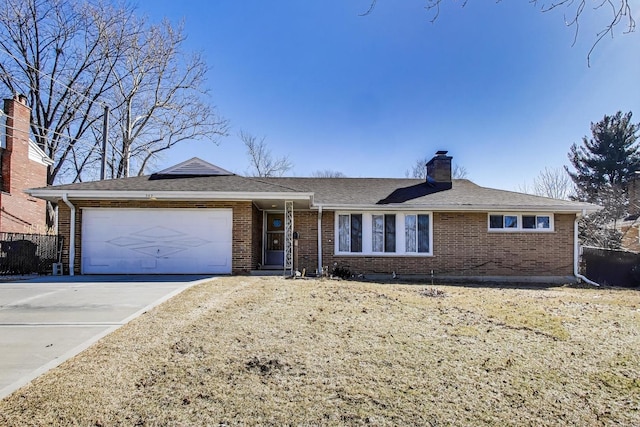 ranch-style house with brick siding, roof with shingles, a chimney, a garage, and driveway