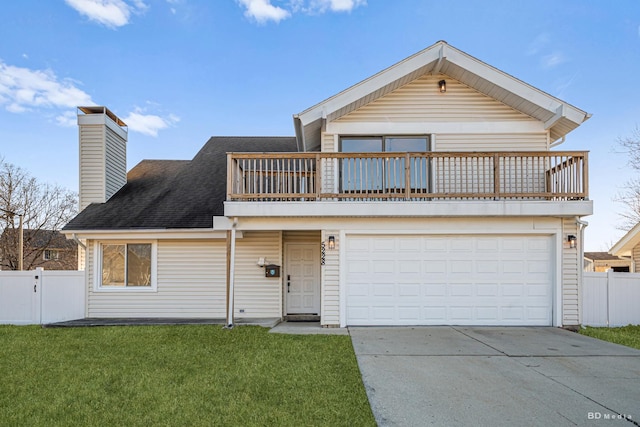 view of front of house featuring a front yard, fence, a balcony, a garage, and driveway