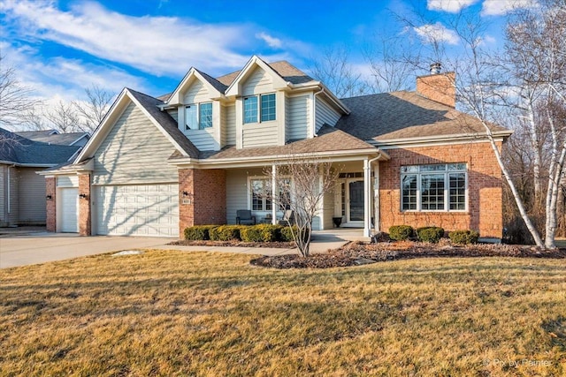 view of front facade featuring driveway, covered porch, a front yard, and brick siding