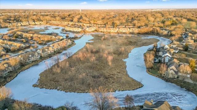 bird's eye view featuring a water view and a forest view