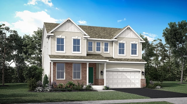 craftsman-style house with brick siding, roof with shingles, board and batten siding, driveway, and a front lawn