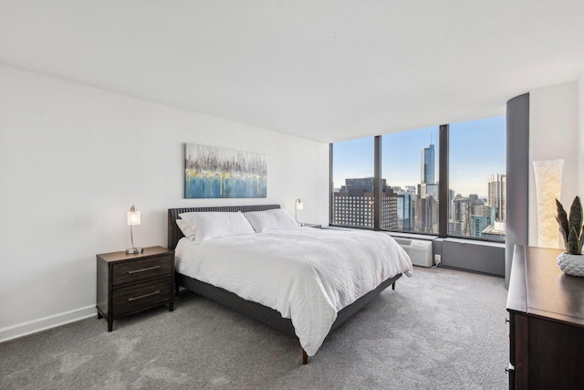 bedroom featuring a view of city, carpet, and baseboards