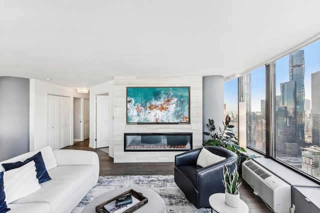 living room featuring a wall unit AC, a fireplace, a city view, and wood finished floors