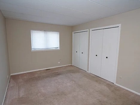 unfurnished bedroom featuring carpet flooring, baseboards, and two closets