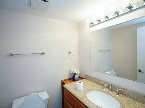 half bathroom with visible vents, vanity, and toilet