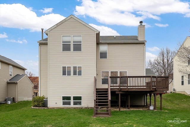 2355 Avalon Ct, Aurora, IL 60503 - rear view of property with a wooden deck, a yard, a chimney, and stairs
