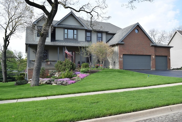 view of front of house featuring aphalt driveway, covered porch, a front yard, an attached garage, and brick siding