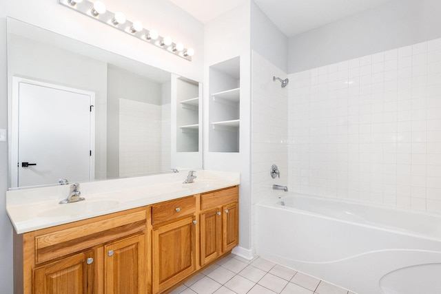 full bathroom featuring double vanity, tile patterned flooring,  shower combination, and a sink