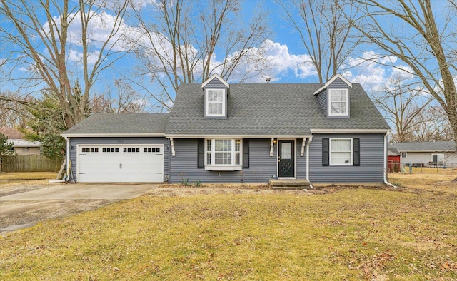 cape cod-style house featuring fence, concrete driveway, roof with shingles, a front yard, and an attached garage