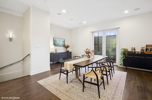 dining area featuring dark wood finished floors, recessed lighting, and baseboards