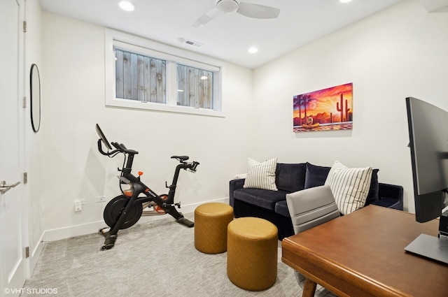 interior space featuring a ceiling fan, carpet, visible vents, baseboards, and recessed lighting