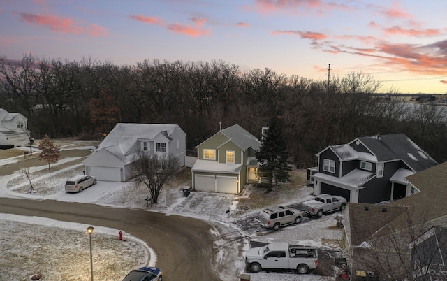 view of aerial view at dusk