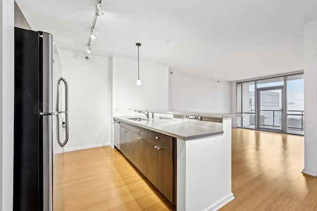 kitchen featuring light wood-style flooring, appliances with stainless steel finishes, a peninsula, expansive windows, and a sink