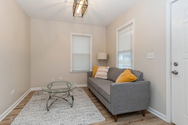 living room with baseboards and wood finished floors