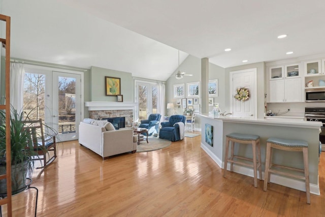 living room with lofted ceiling, light wood-style flooring, plenty of natural light, and a fireplace