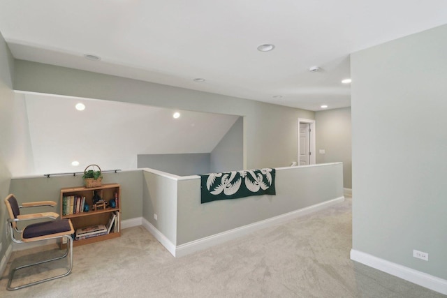 sitting room featuring recessed lighting, baseboards, an upstairs landing, and carpet flooring