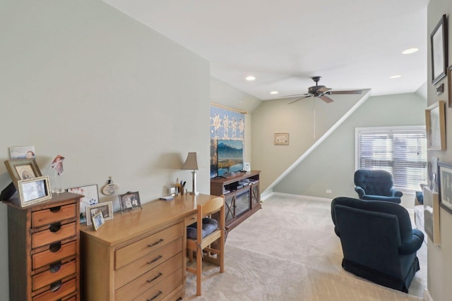 office area featuring baseboards, recessed lighting, ceiling fan, vaulted ceiling, and light colored carpet