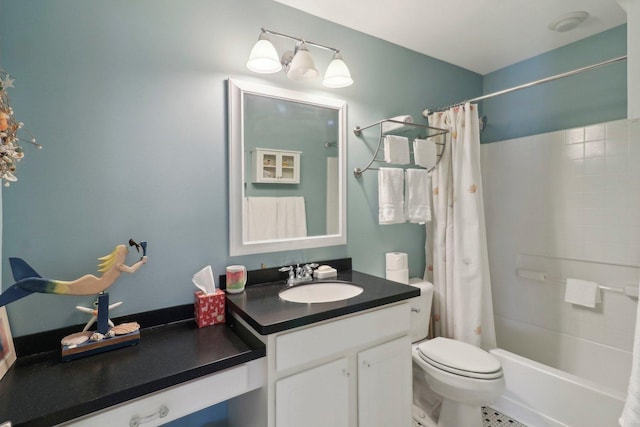 bathroom featuring vanity, toilet, and shower / bathtub combination with curtain