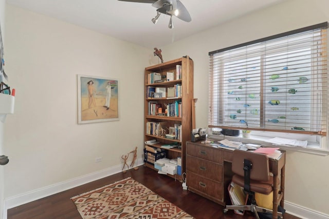 office space with baseboards, ceiling fan, and dark wood finished floors