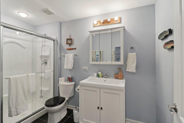 full bath featuring visible vents, toilet, a shower stall, a baseboard radiator, and vanity