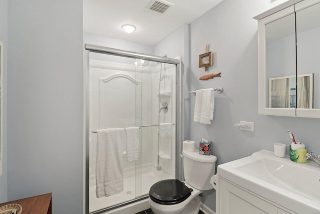 bathroom featuring visible vents, a shower stall, toilet, vanity, and a baseboard radiator