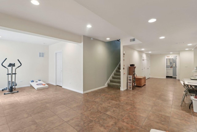 interior space with stairway, recessed lighting, visible vents, and baseboards