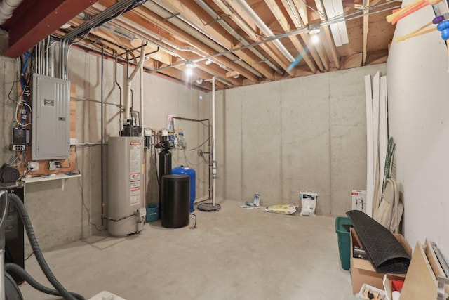 unfinished below grade area with gas water heater and electric panel