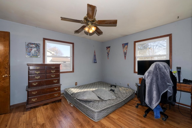 bedroom with baseboards, multiple windows, and wood finished floors