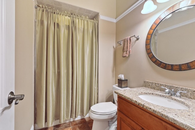 bathroom with toilet, tile patterned floors, a shower with shower curtain, and vanity