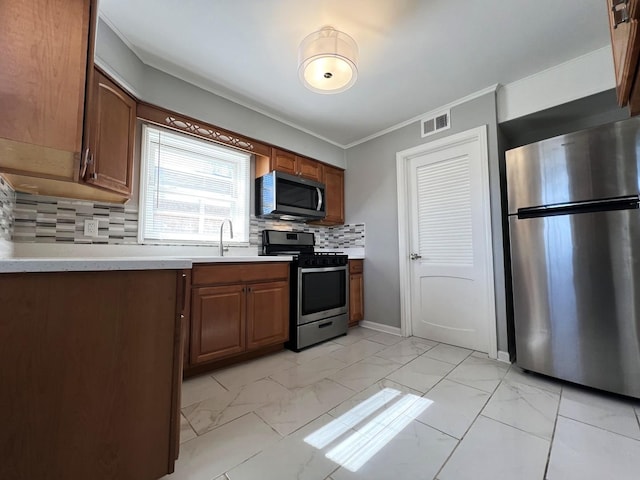 kitchen with stainless steel appliances, visible vents, marble finish floor, light countertops, and decorative backsplash