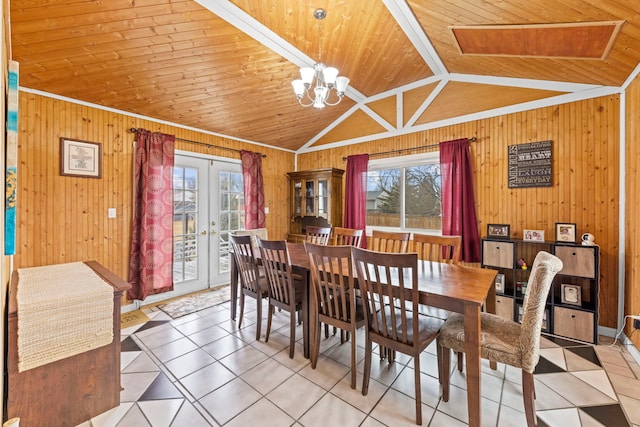 dining space featuring a chandelier, wood ceiling, french doors, and plenty of natural light