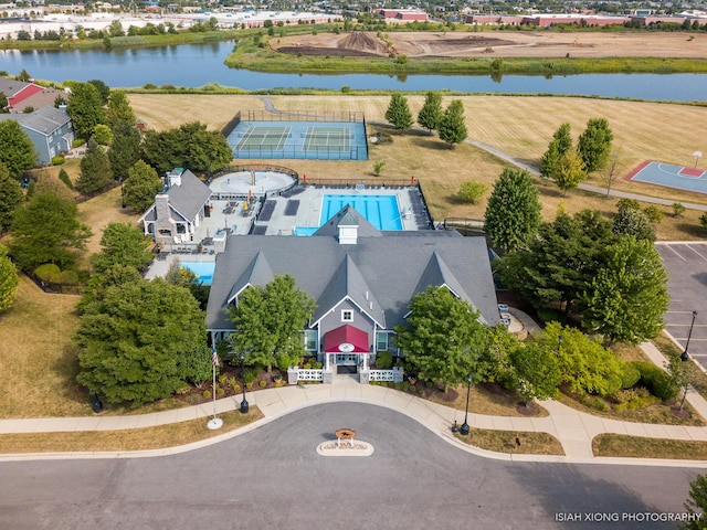 aerial view featuring a water view