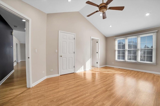 unfurnished room with ceiling fan, light wood finished floors, recessed lighting, and baseboards