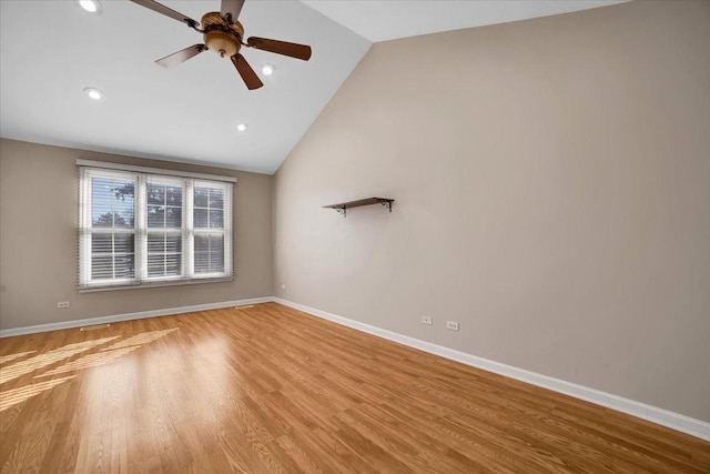 unfurnished room featuring ceiling fan, recessed lighting, light wood-style floors, vaulted ceiling, and baseboards