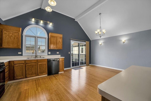 kitchen with light wood-style flooring, brown cabinetry, a sink, beamed ceiling, and black appliances