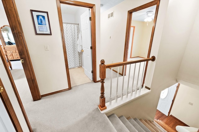 interior space featuring baseboards, visible vents, and carpet flooring