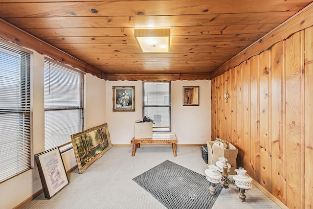 sitting room with wooden walls, wood ceiling, baseboards, and carpet floors