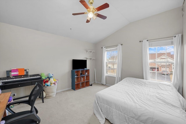 bedroom featuring carpet, multiple windows, vaulted ceiling, and baseboards