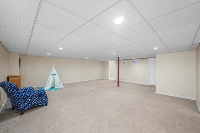 recreation room with visible vents, recessed lighting, light colored carpet, and baseboards