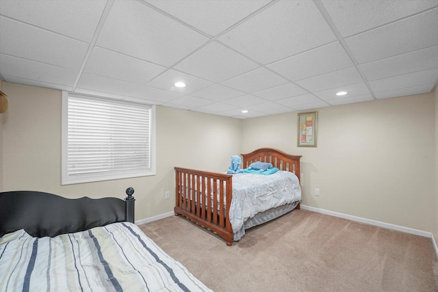 carpeted bedroom with baseboards and recessed lighting