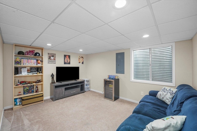 carpeted living room with wine cooler, electric panel, baseboards, and recessed lighting