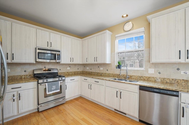 kitchen featuring light wood-style flooring, appliances with stainless steel finishes, backsplash, and a sink