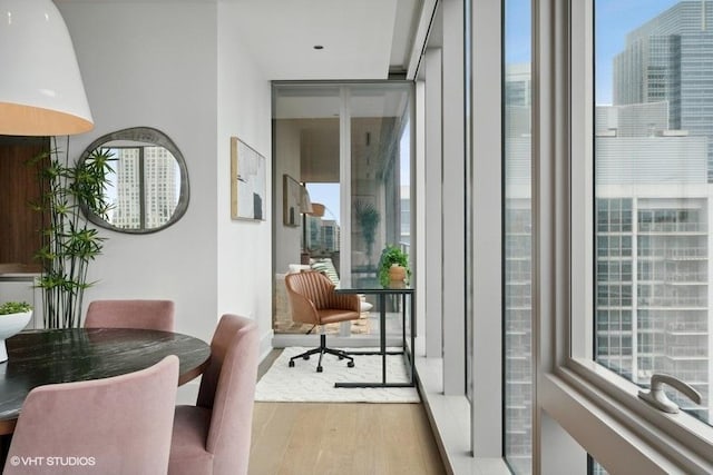 interior space featuring a wall of windows, wood finished floors, and a wealth of natural light