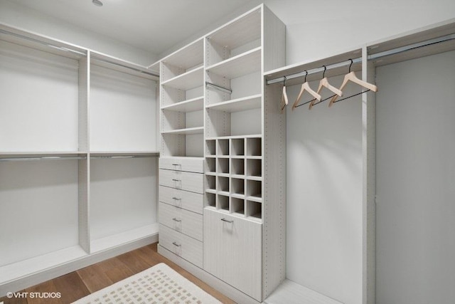 walk in closet with wood finished floors