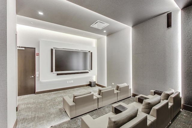 carpeted home theater featuring recessed lighting, visible vents, and baseboards